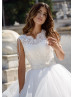 Beaded White Lace Tulle Ruffled Horsehair Hem Wedding Dress